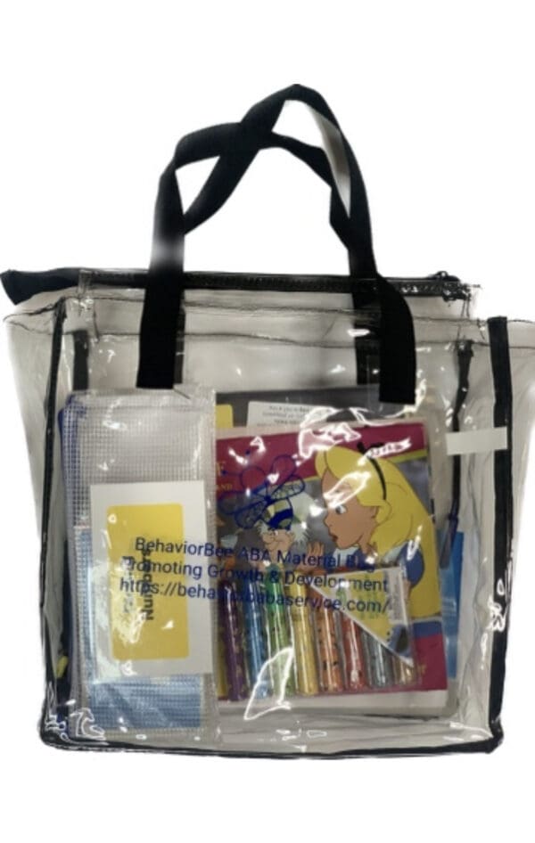 A clear bag with some books and pencils in it