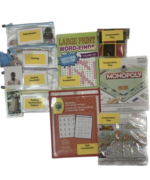 A bunch of different games and activities in bags